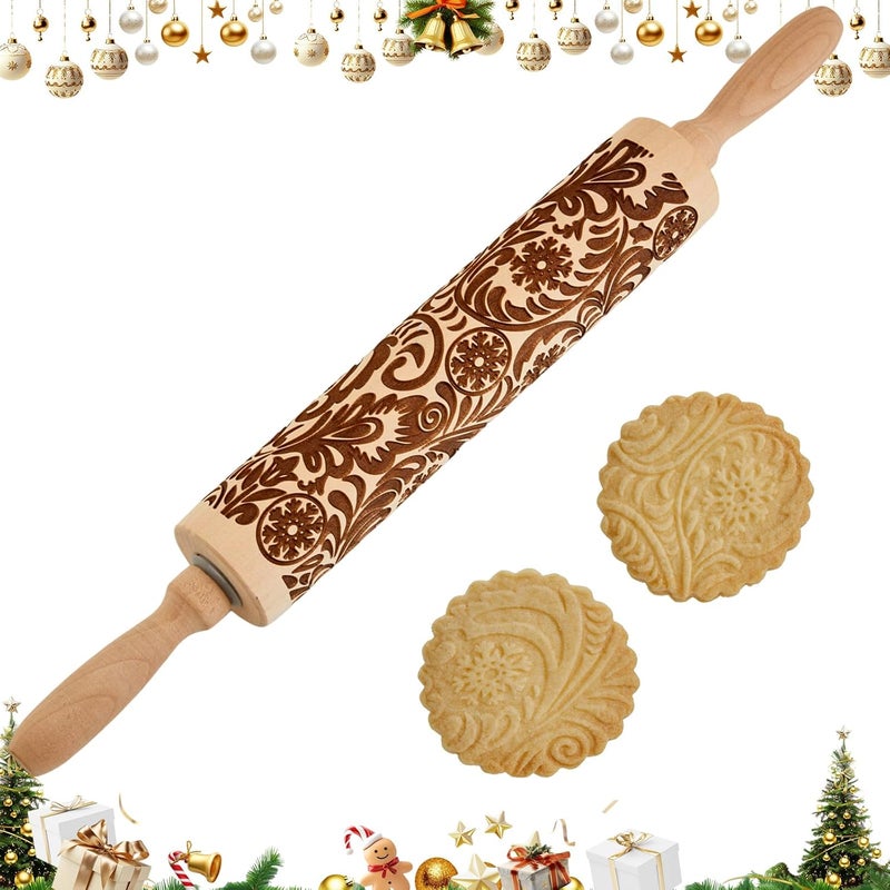 GOBAM Embossed Rolling Pin for Cookies, Engraved Wooden Rolling Pin for Baking, Deep Pattern Cookie Roller for Christmas, Holiday, DIY Kitchen Decor and Gift - Snowflake - Image 1